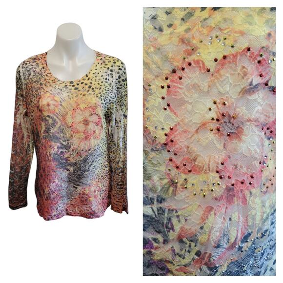 Cocomo XL Y2K Mesh Top Floral Leopard Glitter Neon Sheer Long Sleeve Club Blouse - Picture 1 of 10